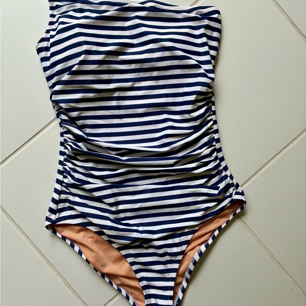 J Crew Navy Striped one shoulder swimsuit